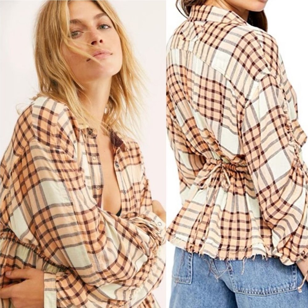 Free People Pacific Dawn Plaid Shirt Drawstring Size Small Brown Boho Top Button - Picture 2 of 11